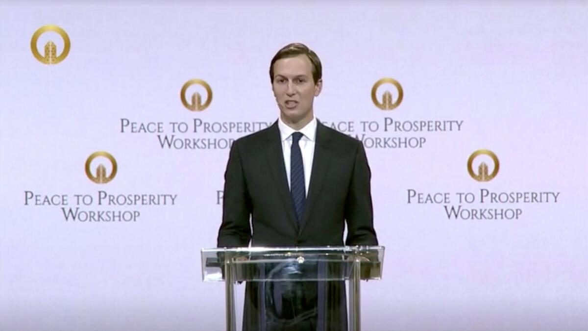 White House senior adviser Jared Kushner gives a speech at the opening of the 'Peace to Prosperity' conference in Manama, Bahrain.- Reuters