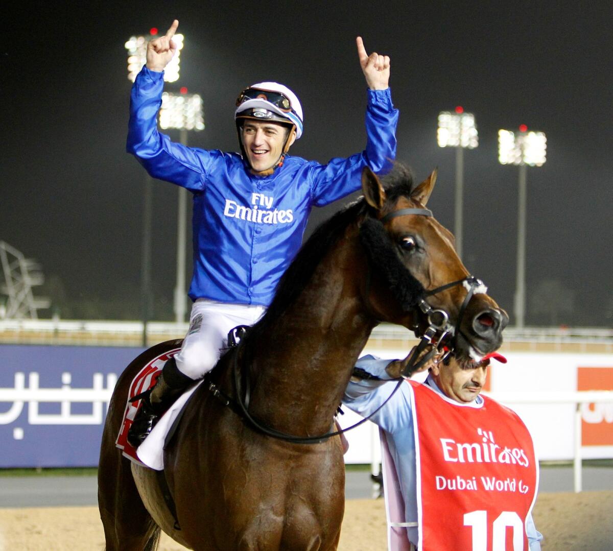 Thunder Snow ridden by Christophe Soumillon, the winner of the Dubai World Cup at Meydan Racecourse in 2018
