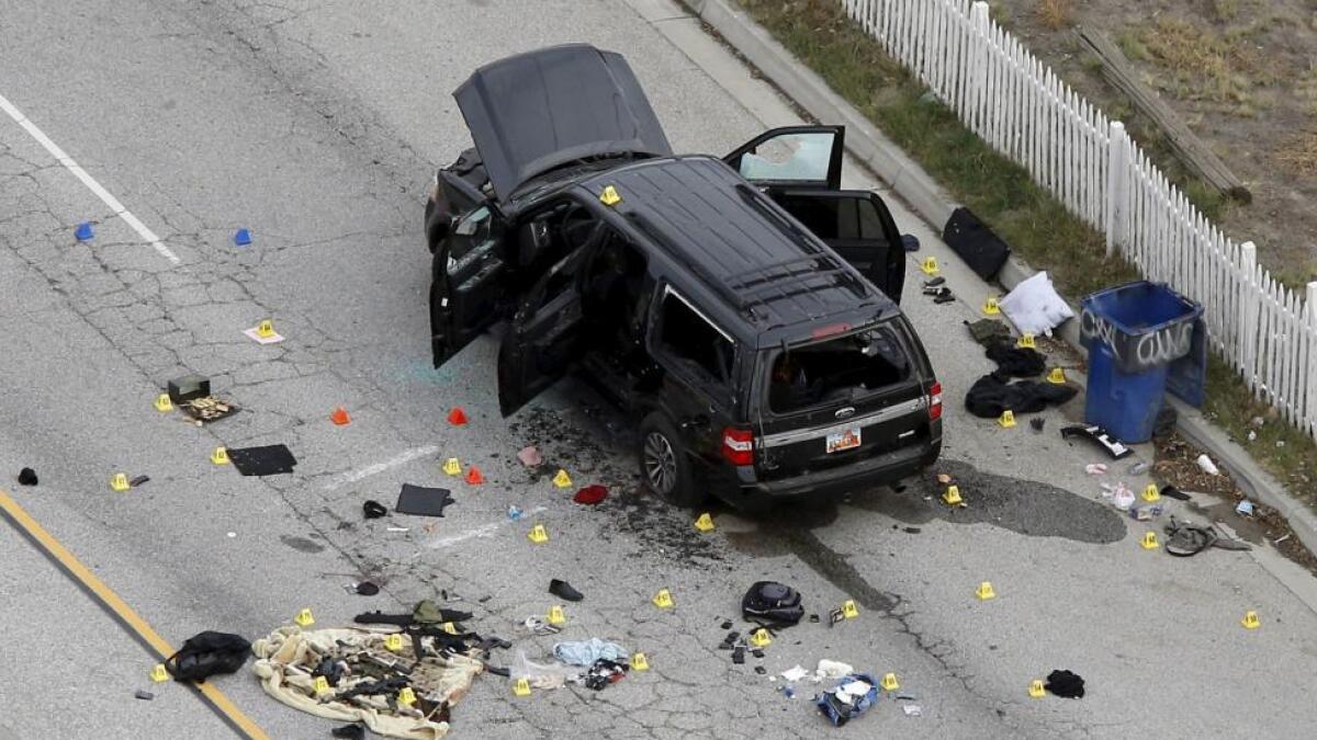 The remains of a SUV involved in the attack shown in San Bernardino, California.
