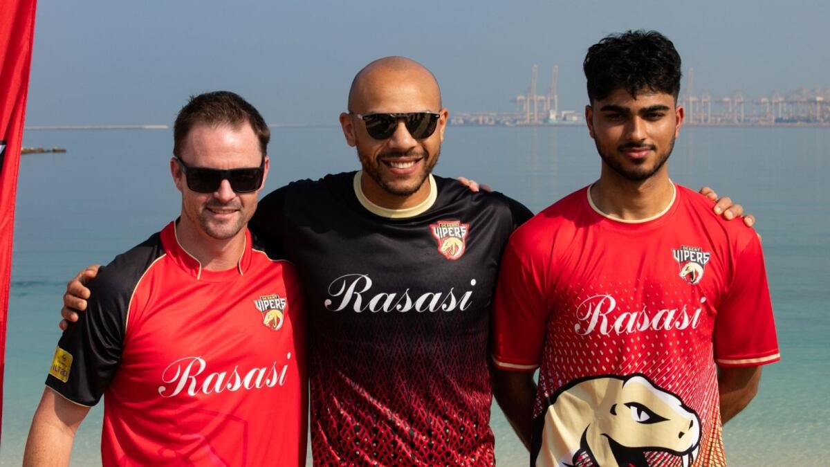 Colin Munro, Tymal Mills and Ali Nasser sporting the training kits of the Desert Vipers.- SUPPLIED PHOTOS
