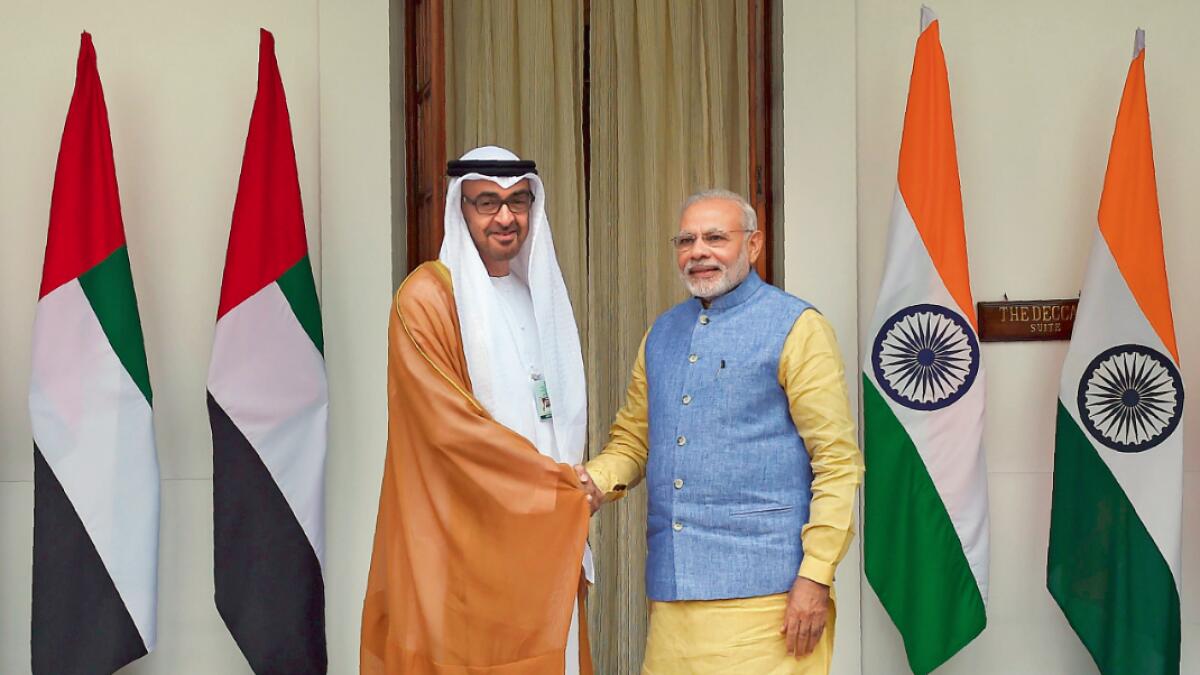 His Highness General Sheikh Mohamed bin Zayed Al Nahyan, Crown Prince of Abu Dhabi and Deputy Supreme Commander of the UAE Armed Forces with Indian Prime Minister Narendra Modi in New Delhi