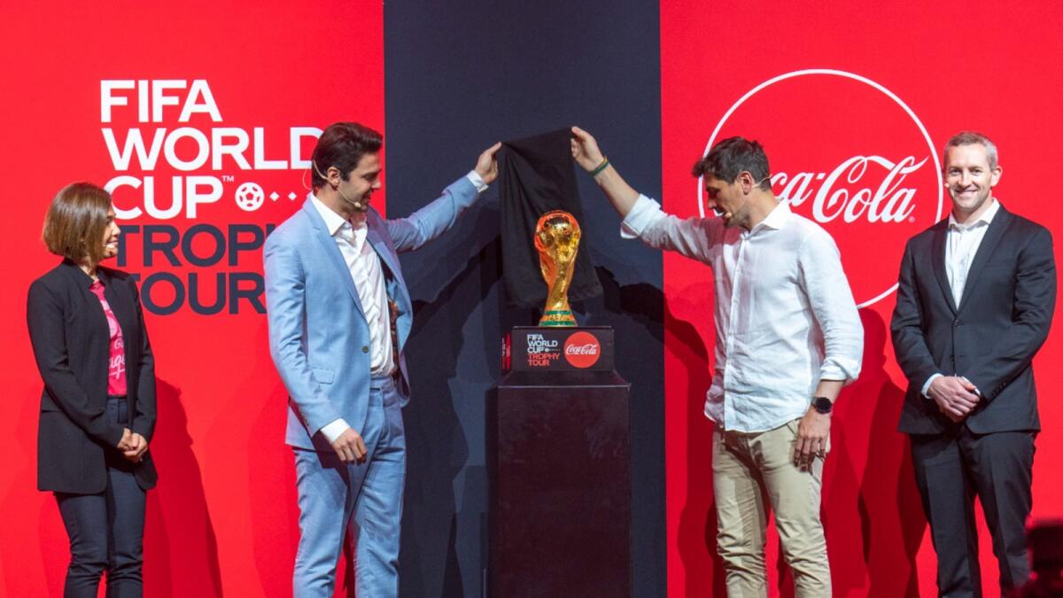 Iker Casillas and Ricardo Kaka unveil the Fifa World Cup trophy in Dubai on Thursday. (Photos by Shihab)