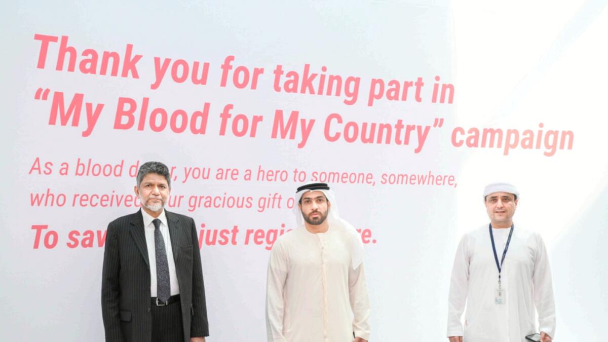 Mohamed Yahya Kazi Meeran, Mohammed Galadari and Suhail Galadari during the blood donation drive ‘My Blood for My Country’ at the Galadari head office in Dubai on Wednesday.  — Photos by Shihab