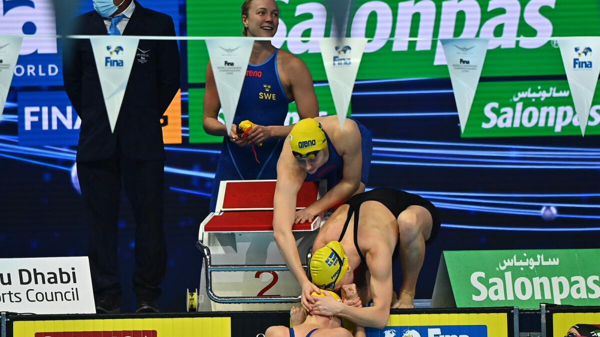 The Swedish team celebrate their stunning win in the women's 4x50m medley relay. (Supplied photo)
