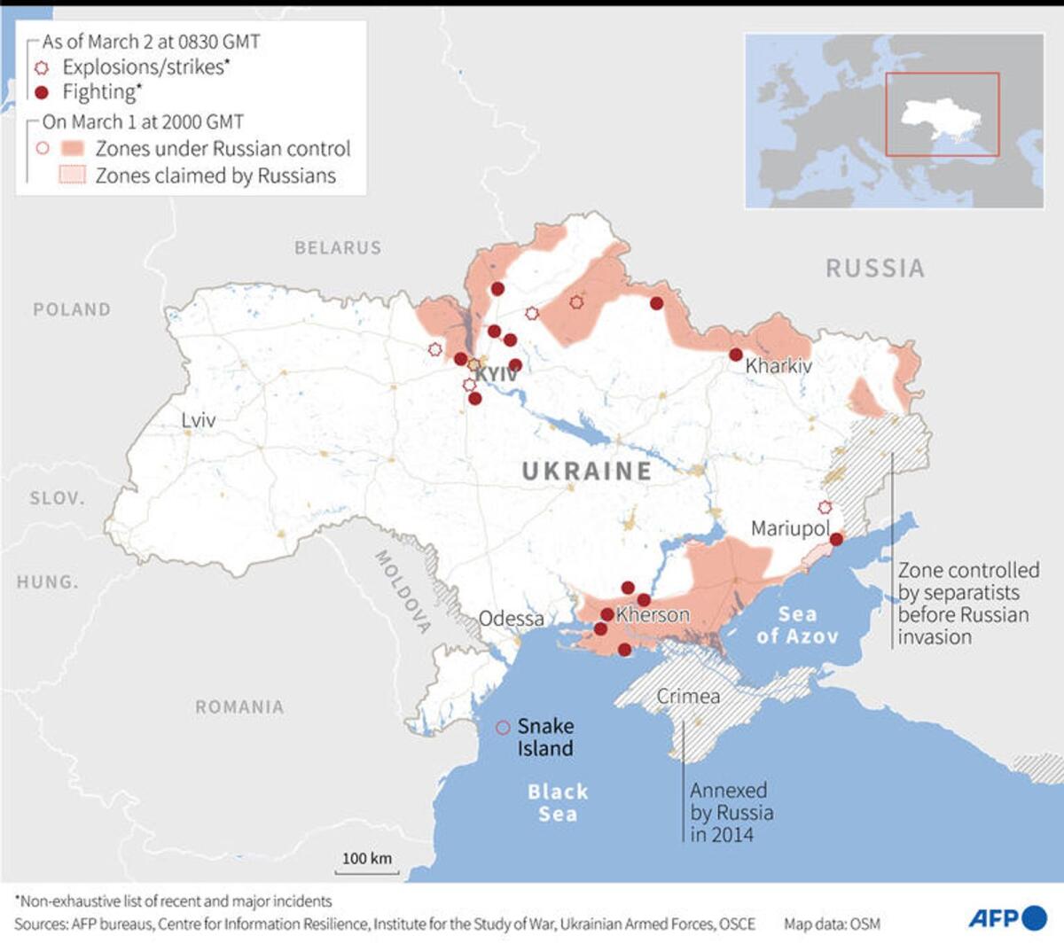 Map of Ukraine locating areas where explosions, strikes and fighting have been reported and under Russian control, as of March 2, 0830 GMT. - AFP / AFP