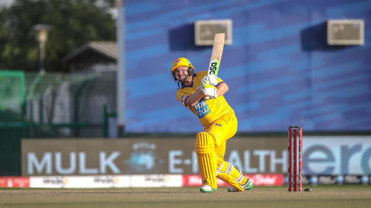 Team Abu Dhabi's Paul Stirling hits a boundary against Pune Devils. — Supplied photo