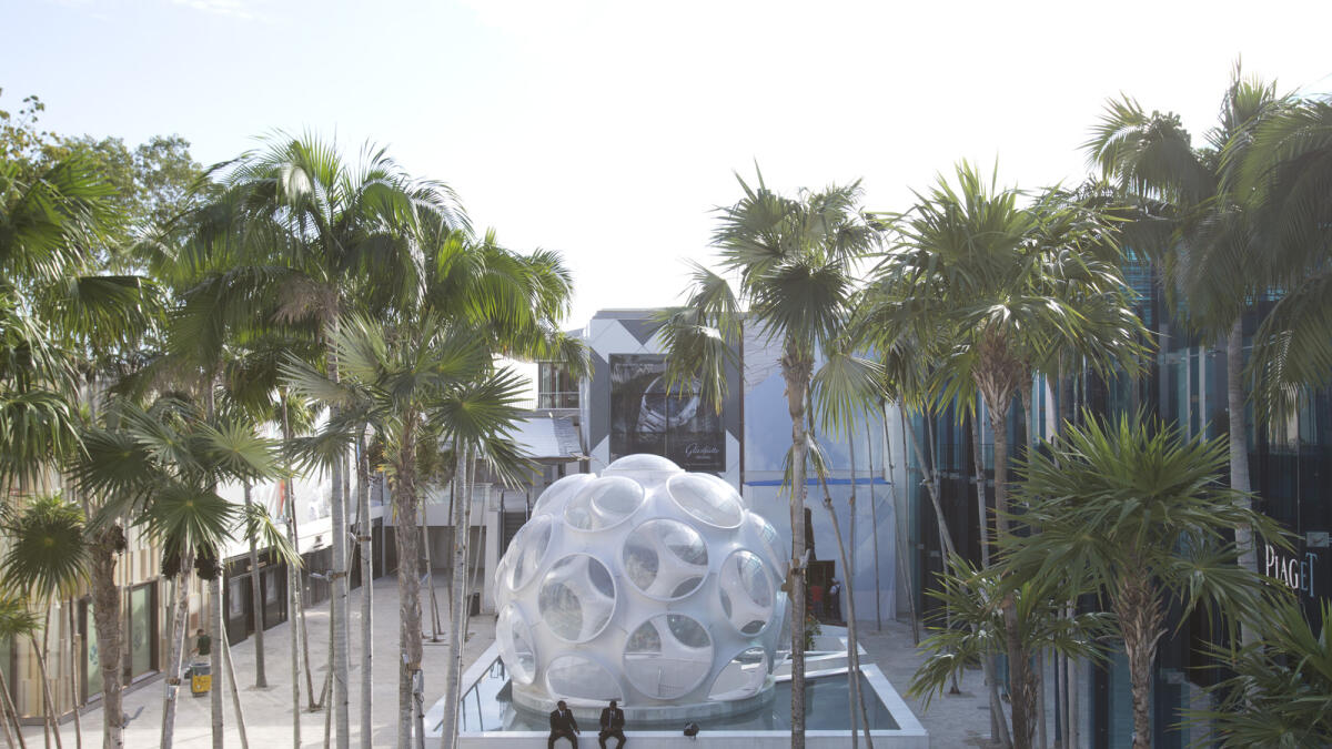 In this Oct. 30, 2015 photo, the Fly?s Eye Dome, designed by the late Neo-Futuristic architect Richard Buckminster Fuller, appears in the Miami Design District in Miami.