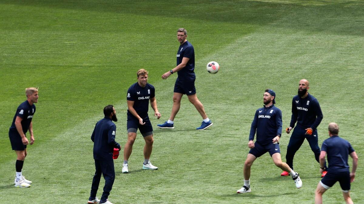 England players play football during a training session at the Melbourne Cricket Ground on Saturday. — AFP