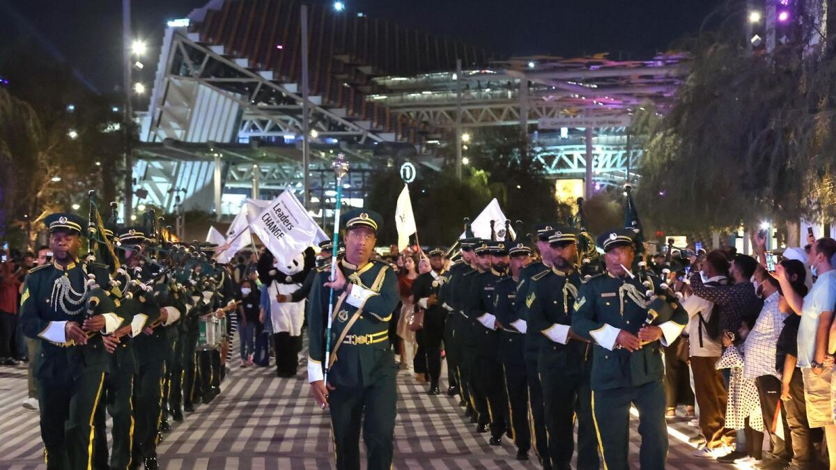 Dubai Police band lead the Earth Hour parade at Expo 2020 on Saturday. – Supplied photo