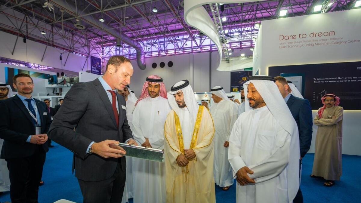 Sheikh Khalid bin Abdullah bin Sultan Al Qasimi, Chairman of the Sharjah Ports, Customs and Free Zones Authority, visiting a stand after inaugurating the steel exhibition at Expo Centre Sharjah on Monday. — Supplied photo