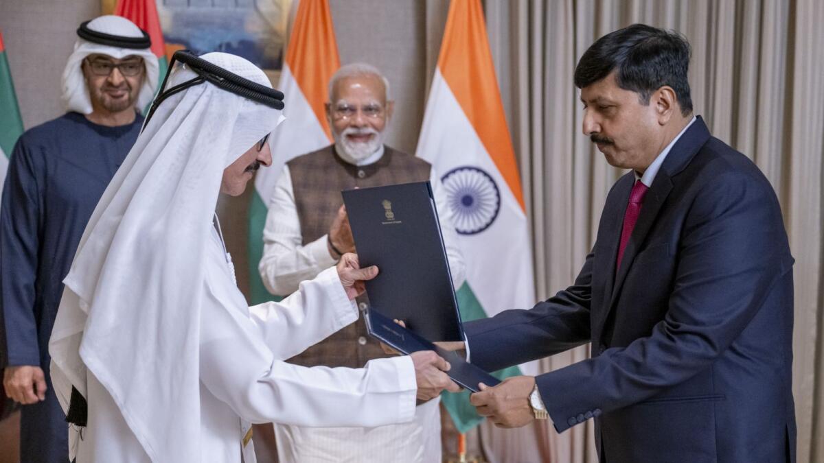 In the presence of UAE President Sheikh Mohamed bin Zayed Al Nahyan and Narendra Modi, Prime Minister of India, DP World Group Chairman and CEO, Sultan Ahmed bin Sulayem, exchanged MoUs around potential investments in Gujarat with M K Das, Additional Chief Secretary, Government of Gujarat. — Supplied photo