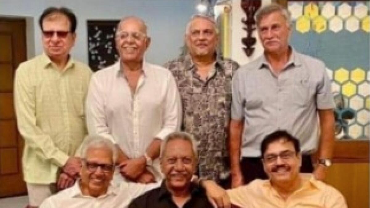 Roger at the celebration of former Indian cricketer Anshuman Gaekwad's 70th birthday.  Also in the photo are Mohinder Amarnath, Dilip Vengsarkar, Yajuvendra Singh, Bharath Reddy and Karsan Ghavri.