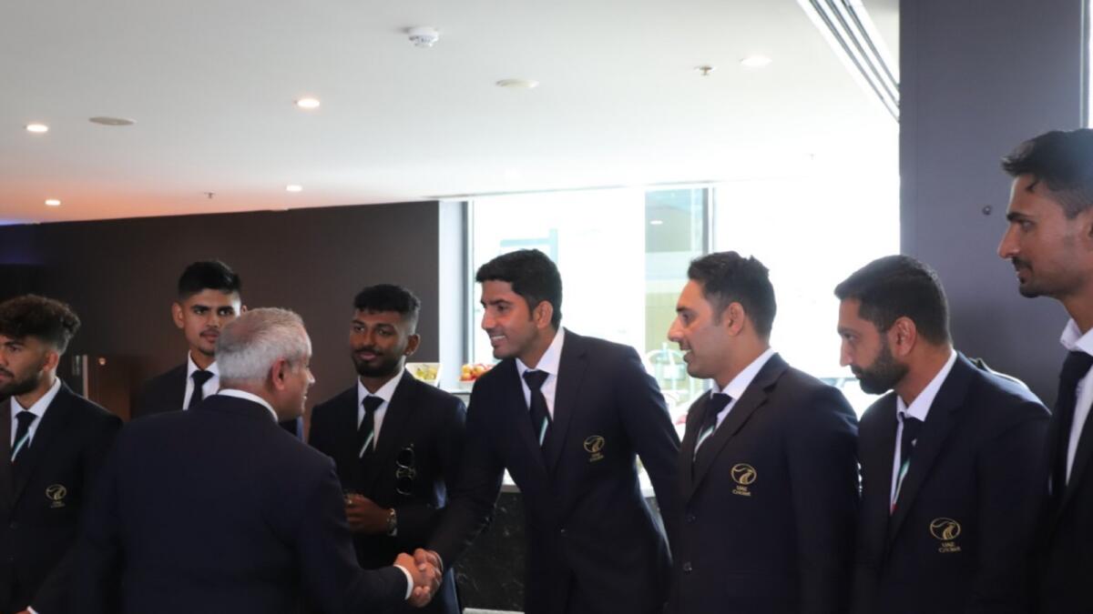 Abdulla Al Subousi meeting Junaid Siddique and other UAE players. — Supplied photo