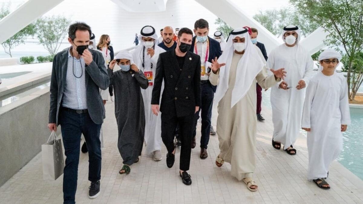 Argentinian footballer Lionel Messi with Sheikh Nahyan bin Mubarak Al Nahyan at Expo 2020 Dubai. – Wam