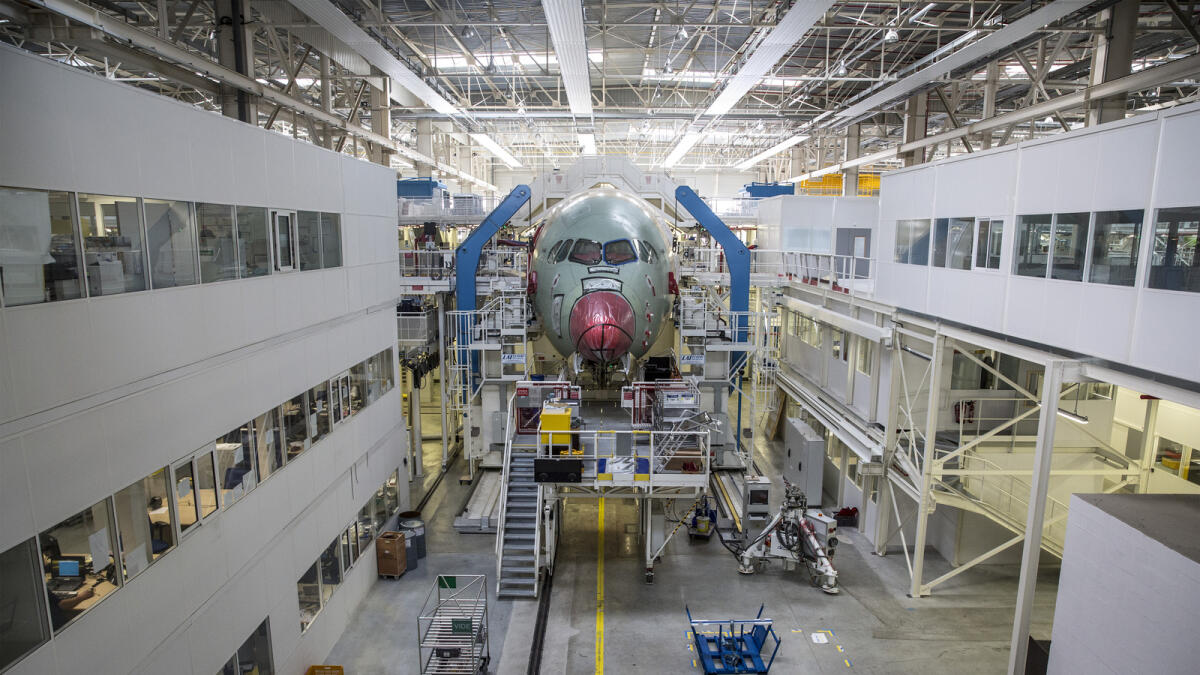 An Airbus A350 XWB aircraft on the final assembly line at the company's factory in Toulouse, France. - File photo
