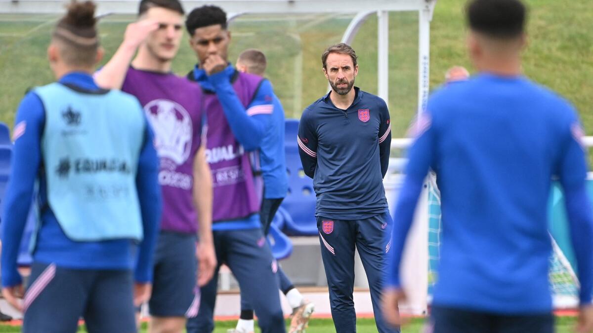 England's coach Gareth Southgate looks at players during England's training session at St George's Park in Burton-on-Trent. Photo: AFP