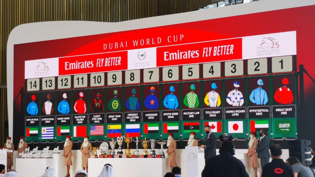 The post position draw for the $12 million Dubai World Cup at the Meydan Racecourse on Wednesday. (James Jose)