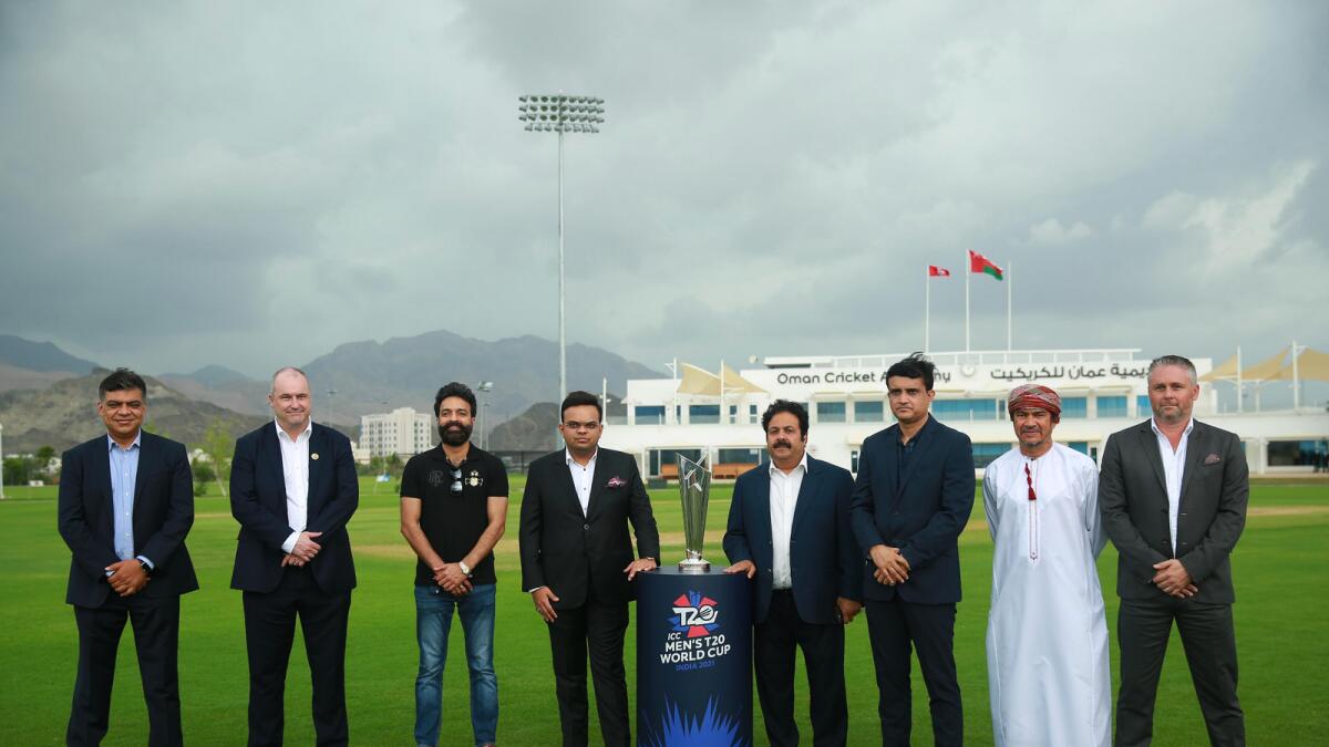 BCCI president Sourav Ganguly, vice-president Rajeev Shukla with ICC and Oman Cricket Board officials. (T20 World Cup Twitter)