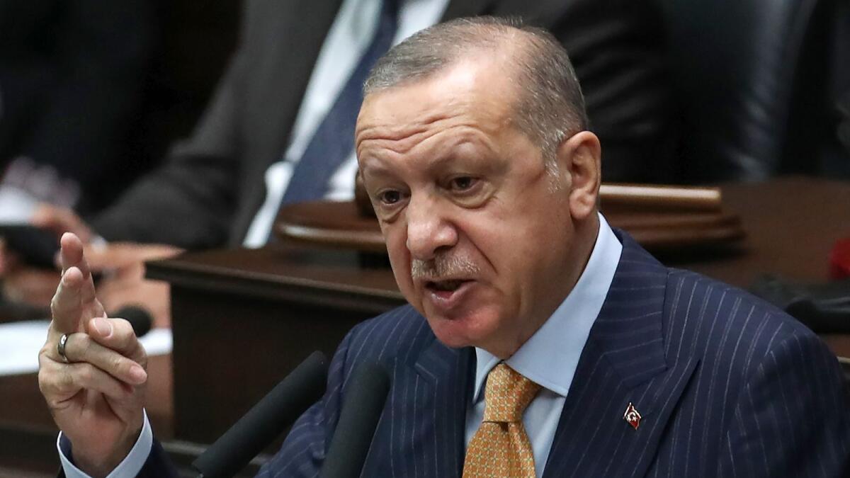 Turkish President and leader of the Justice and Development Party (AK Party) Recep Tayyip Erdogan addresses his party's group meeting at the Turkish Grand National Assembly in Ankara, on October 28, 2020.