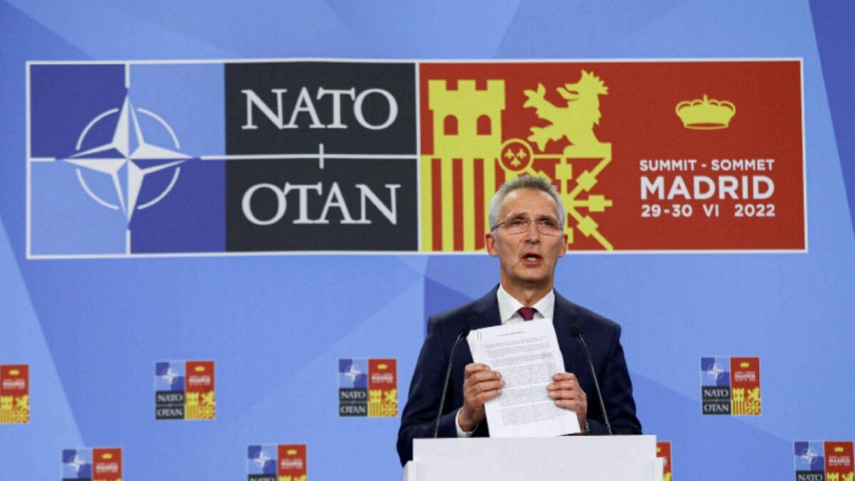 NATO Secretary-General Jens Stoltenberg speaks at a news conference following Turkey, Sweden and Finland signing a memorandum during a NATO summit in Madrid. — Reuters