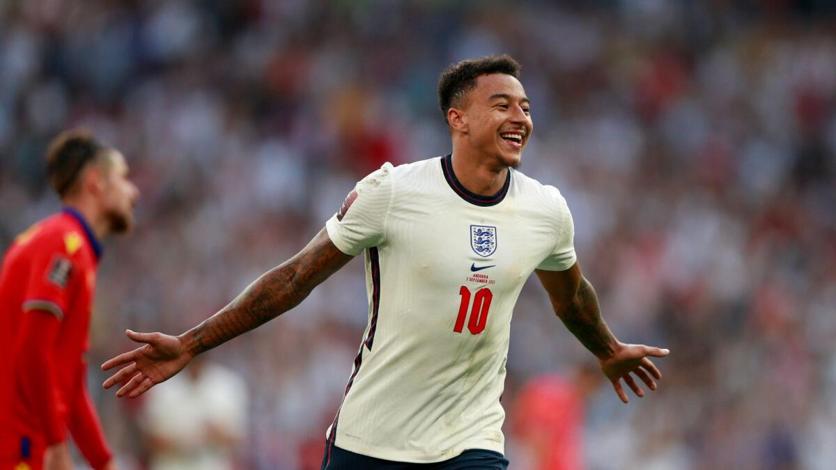 England's Jesse Lingard celebrates after scoring a goal against Andorra during the World Cup 2022 group I qualifying match. — AP