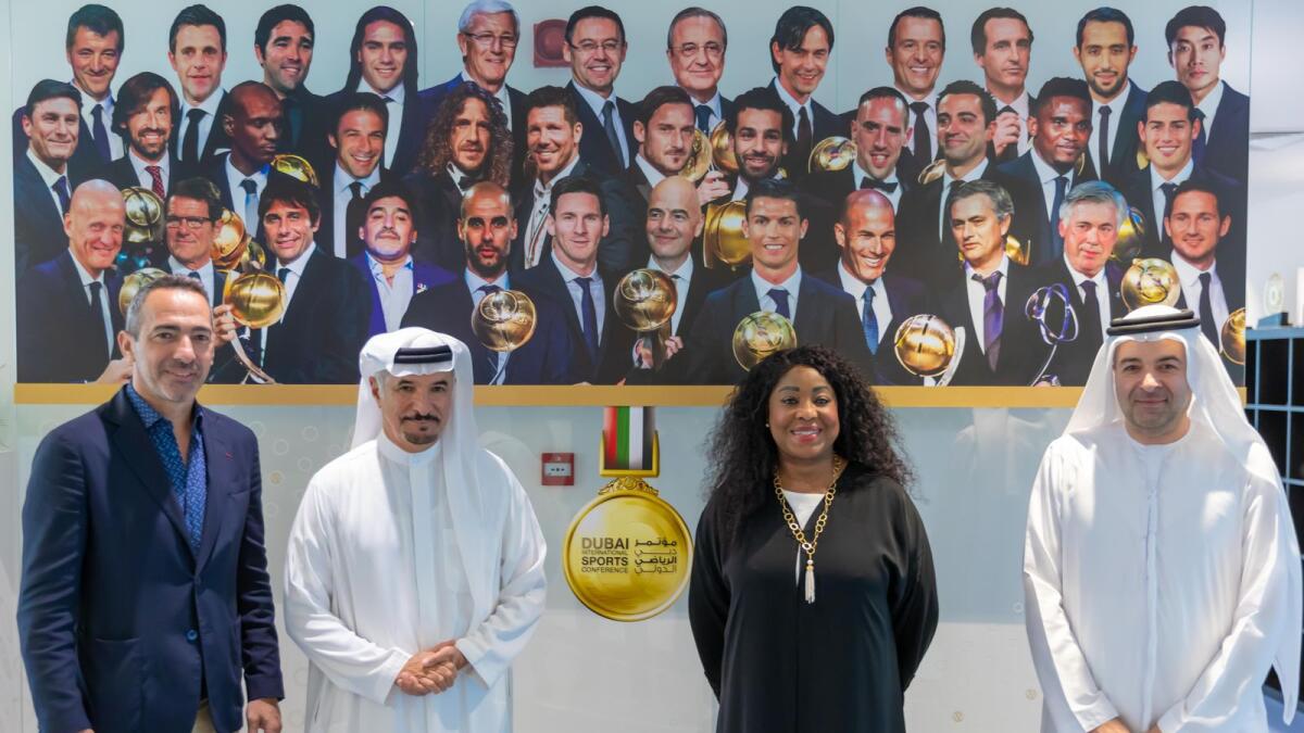 Fifa secretary general Fatma Samoura (second from right) and Youri Djorkaeff (left) with Saeed Hareb, secretary general of Dubai Sports Council (second from left) and Nasser Aman Al Rahma, assistant secretary general of DSC. — Supplied photo