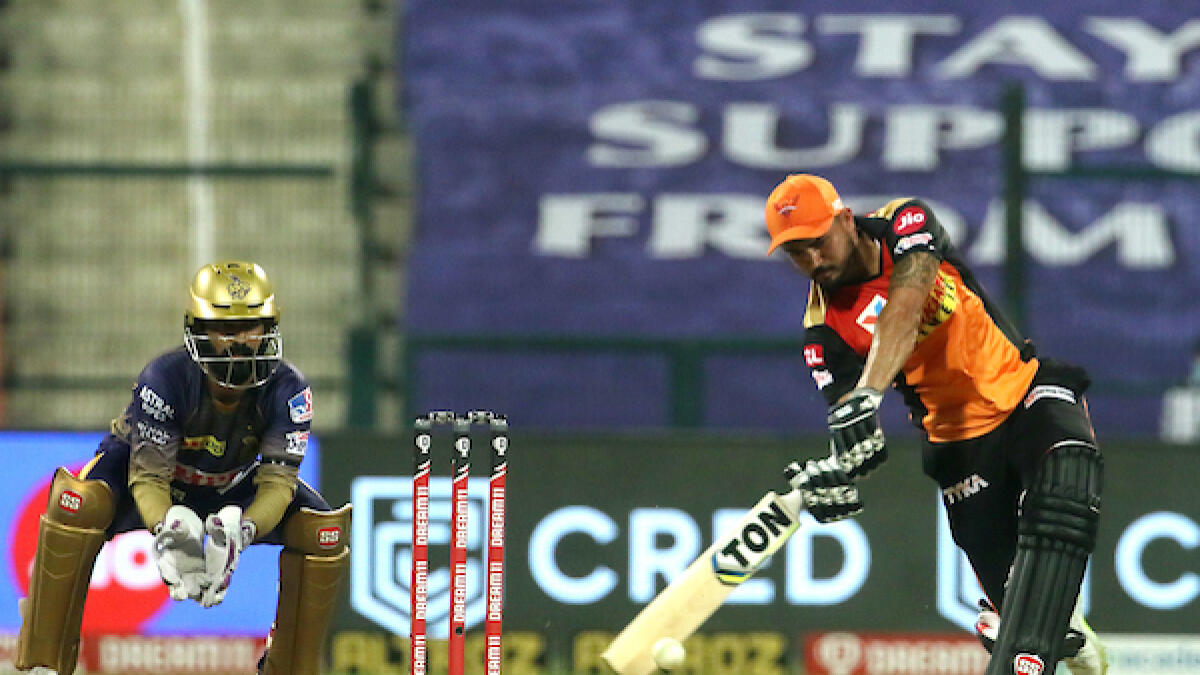Sunrisers Hyderabad batsman Manish Pandey plays a shot against Kolkata Knight Riders in Abu Dhabi on Saturday night. - BCCI/IPL