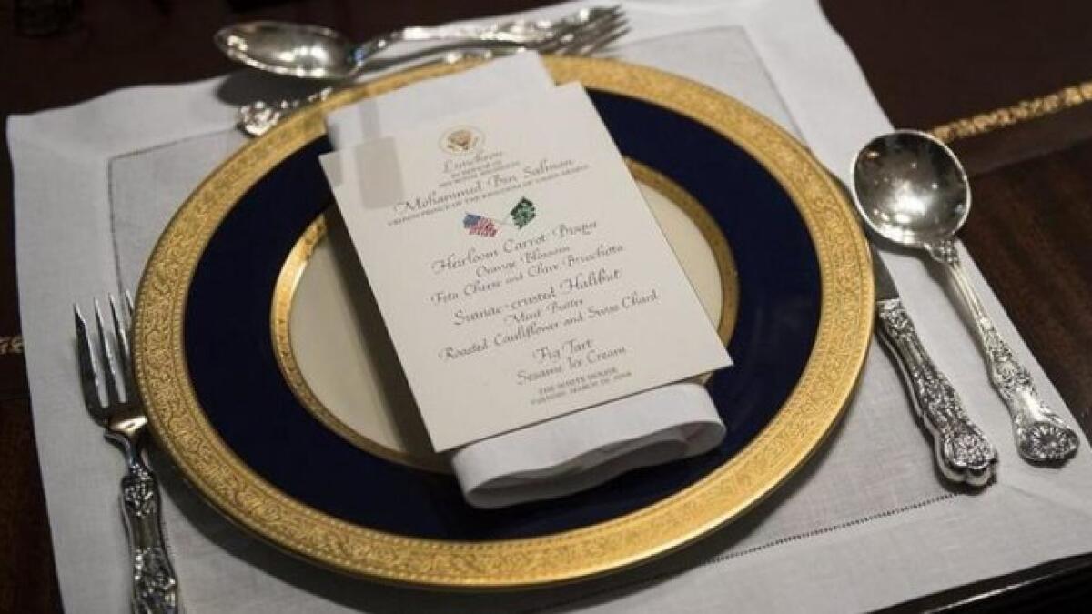 Photo of the menu presented at the working lunch of President Donald Trump and Saudi Crown Prince Mohammed Bin Salman at the White House.-AP via Arab News 