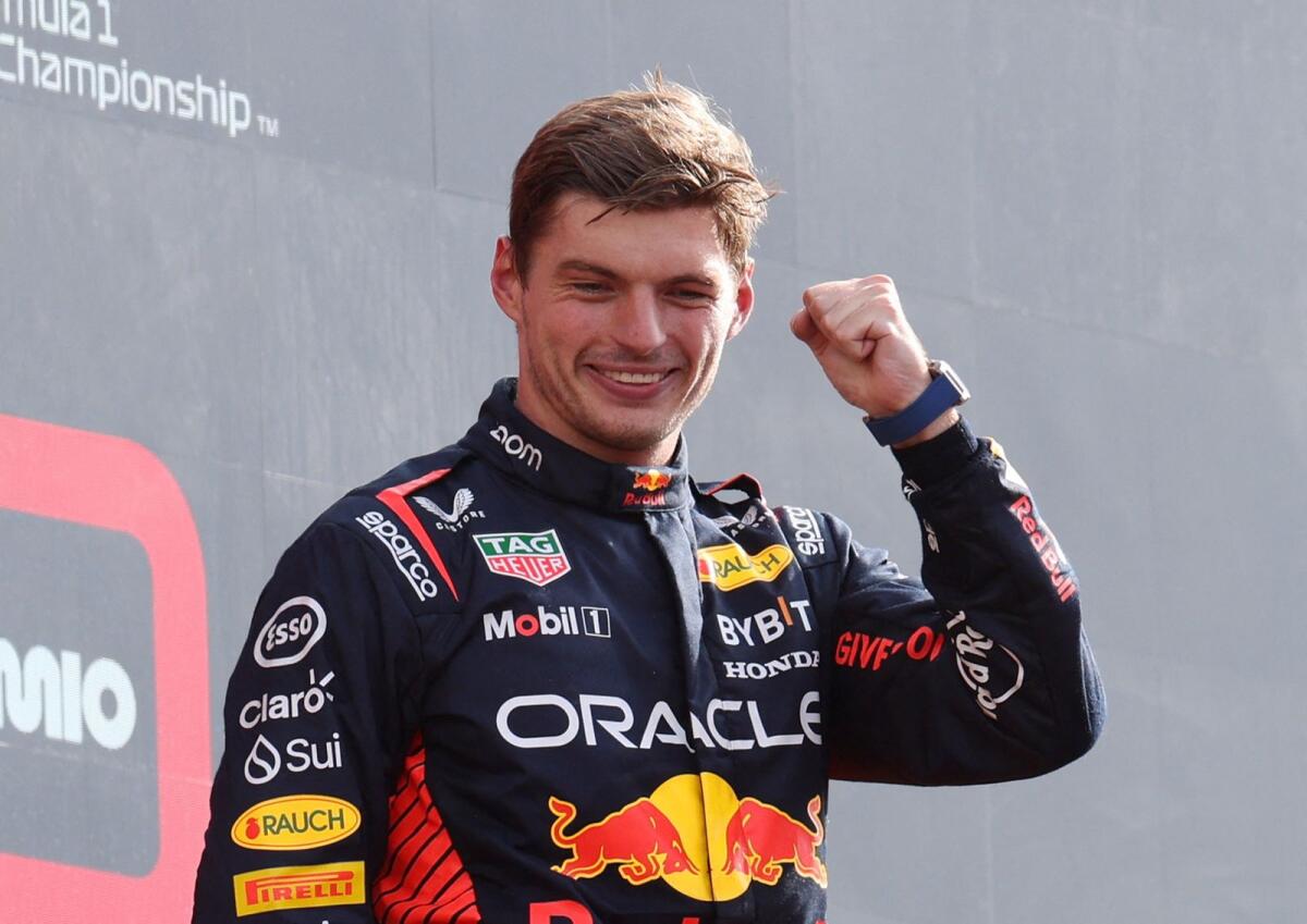 Red Bull's Max Verstappen celebrates on the podium after winning the Italian Grand Prix. — Reuters