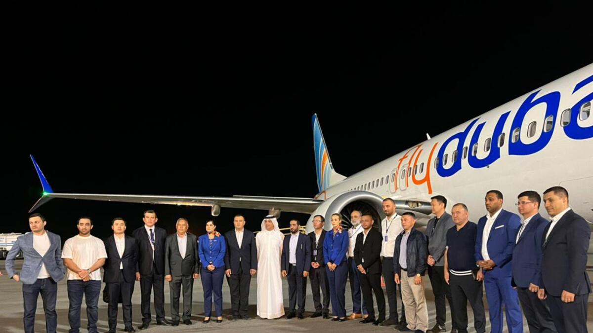 Senior local officials including Gairat Nematov, General Director at Air Marakanda welcomed the delegation led by Ghaith Al Ghaith, Chief Executive Officer at flydubai. — Supplied photo