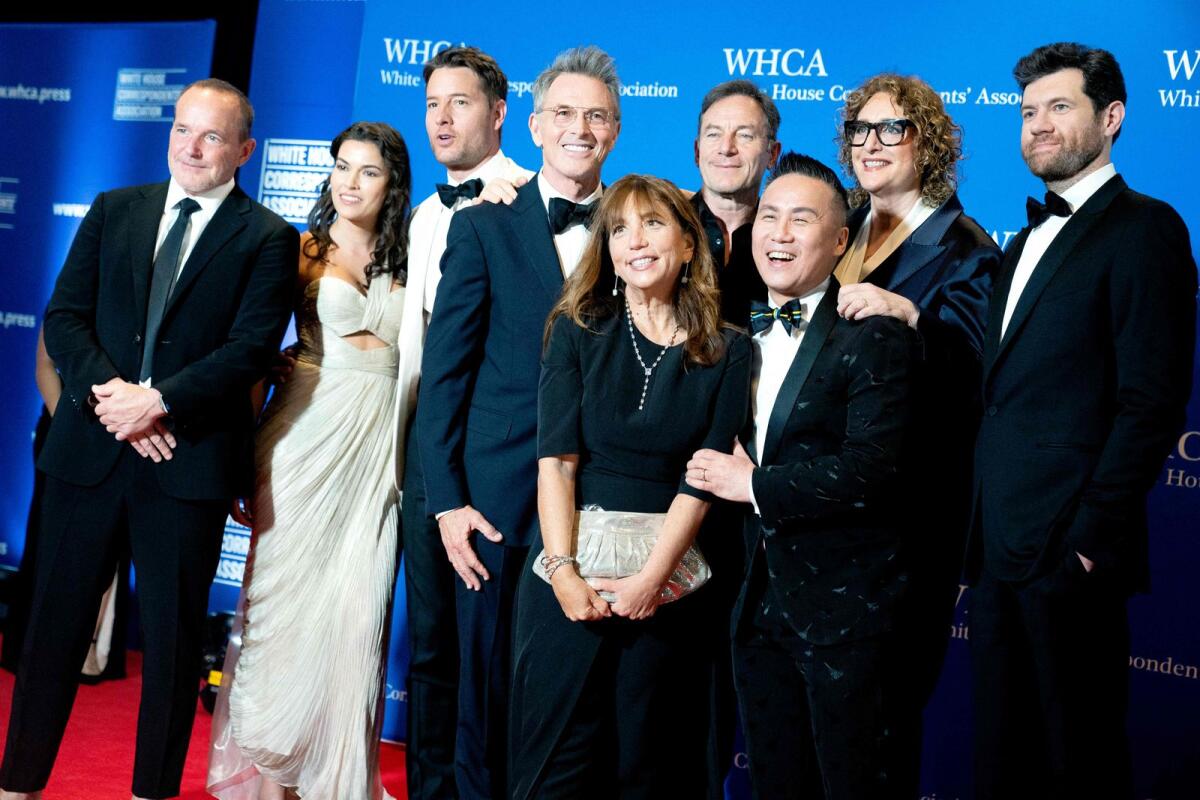 (From L) US actor Clark Gregg, US actress Sofia Pernas, US actor Justin Hartley, US actor Tim Daly, British actor Jason Isaacs, US actor BD Wong, US comedian Judy Gold, and US comedian Billy Eichner arrive for the White House Correspondents' Association dinner at the Washington Hilton in Washington, DC, on Saturday. — AFP
