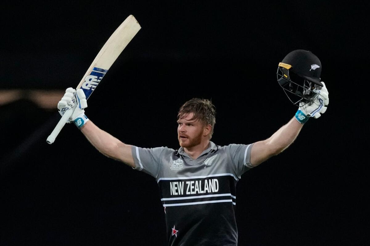 New Zealand's Glenn Phillips celebrate making a century against Sri Lanka during their T20 World Cup Cricket match in Sydney. –AP