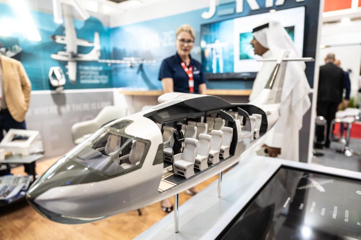 Amphibious electric airplane in Swiss pavilion at the Dubai Airshow at DWC Dubai World Central Al Maktoum International Airport on Tuesday, November 14, 2023. Photo by Shihab
