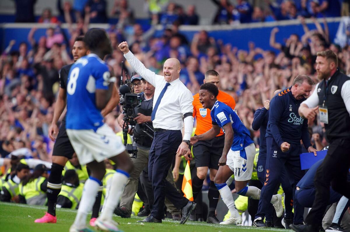 Everton manager Sean Dyche celebrates after Abdoulaye Doucoure's second-half goal on Sunday to earn a 1-0 victory over Bournemouth at Goodison Park, Liverpool that helped securr their place in the Premier League. - AP