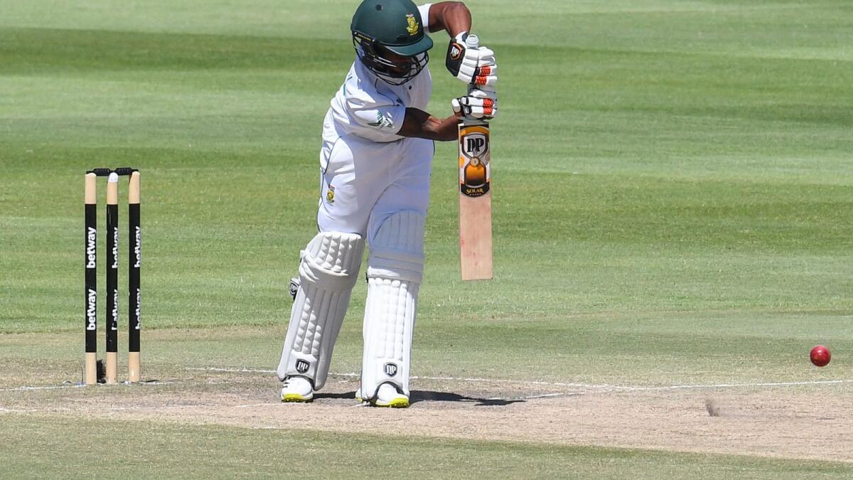 South Africa's Keegan Petersen plays a shot during the fourth day of the third Test against India in Cape Town on Friday. — AFP
