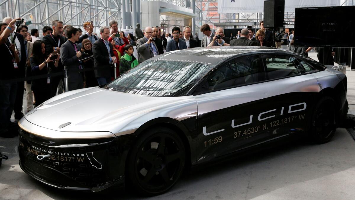 The Lucid Air speed test car is displayed at the 2017 New York International Auto Show in New York City. — Reuters file