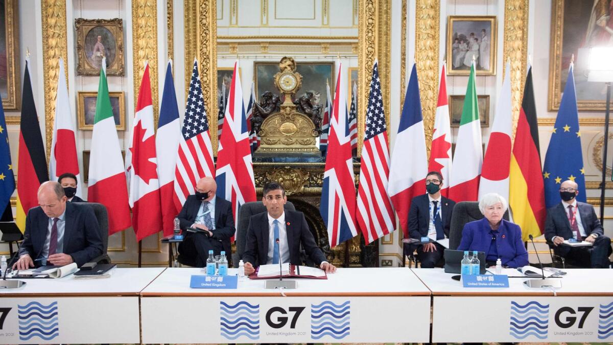 Britain's Chancellor of the Exchequer Rishi Sunak (centre), US Treasury Secretary Janet Yellen (right) attend the first day of the G7 Finance Ministers Meeting at Lancaster House in London. Group of Seven (G7) finance chiefs gather this week to hammer out an agreement on corporate tax harmonisation aimed at raising revenues as economies recover from the coronavirus pandemic. — AFP