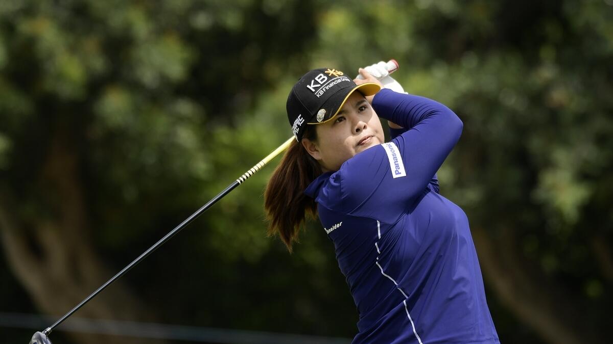 Inbee Park tees off on the sixth hole during the third round of the Hugel-Air Premia LA Open golf tournament at Wilshire Country Club
