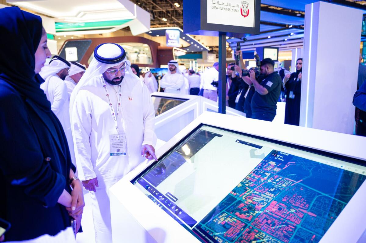 Mohamed Al Hadhrami, Energy and Water Efficiency Regulations Senior Specialist, DoE, Abu Dhabi, explains the 3D mapping and building information modelling, which is an improvement of the 2D variant that was unveiled at Fitex Global last year. — Photo by Neeraj Murali