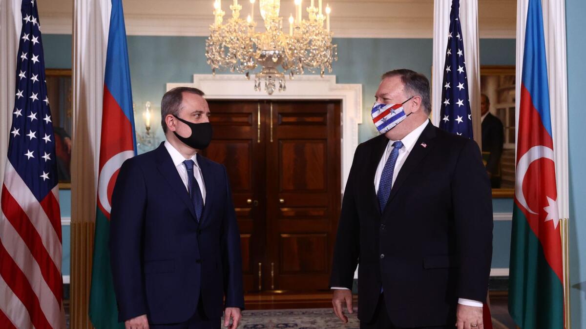 Armenian Foreign Minister Zohrab Mnatsakanyan meets US Secretary of State Mike Pompeo to discuss the conflict in Nagorno-Karabakh at the State Department in Washington, DC, on Friday.