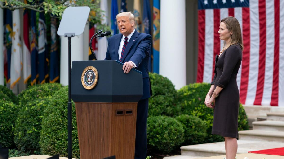 US President Donald J. Trump announcing Judge Amy Coney Barrett as his nominee for Associate Justice of the Supreme Court of the United States on September 26, 2020, in the Rose Garden of the White House.