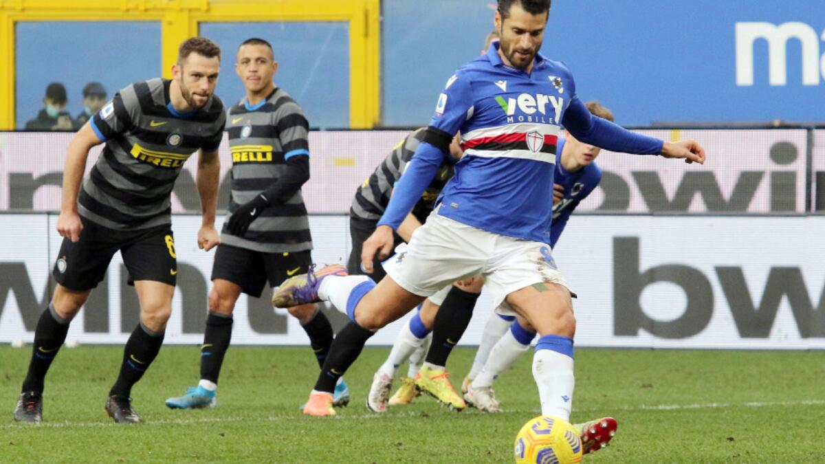 Sampdoria's Antonio Candreva scores on a penalty his side's first goal during the Serie A  match against Inter Milan. — AP