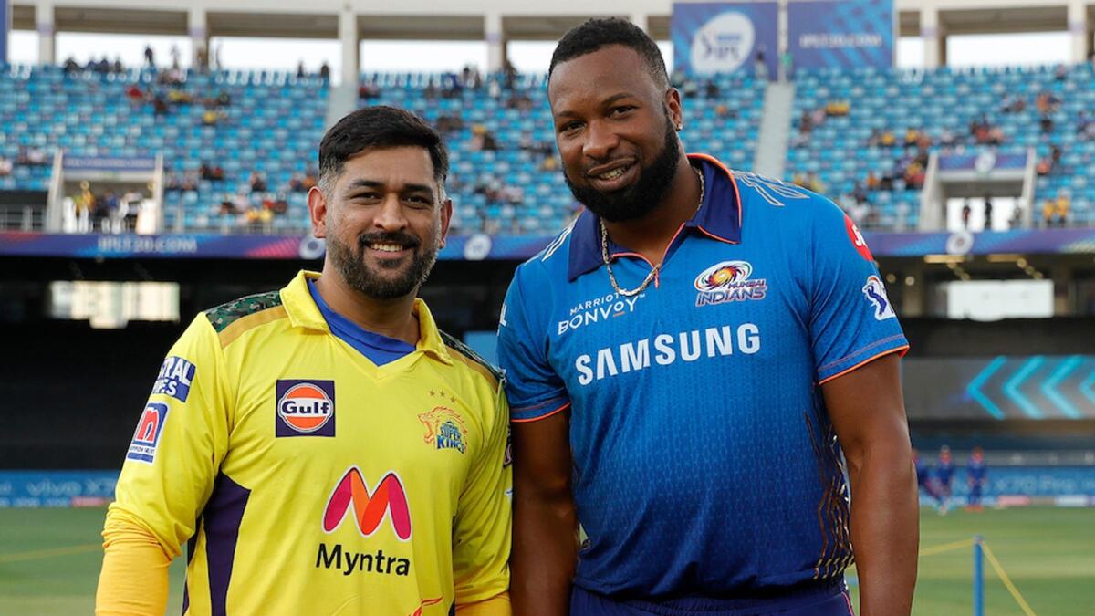 MS Dhoni and Kieron Pollard during the toss ceremony. — Twitter