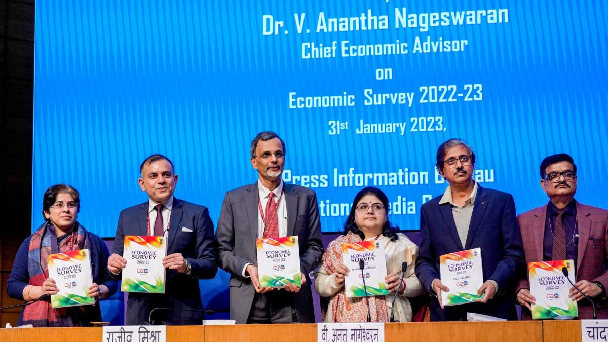 Chief economic advisor V. Anantha Nageswaran with his team presents the Economic Survey 2022-23 during a press conference in New Delhi on Tuesday. — PTI