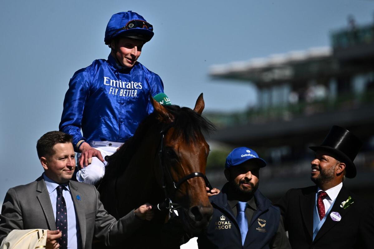 Jockey William Buick, riding Coroebus, celebrates after winning the St James' Palace Stakes in Ascot on June 14, 2022. — AFP file