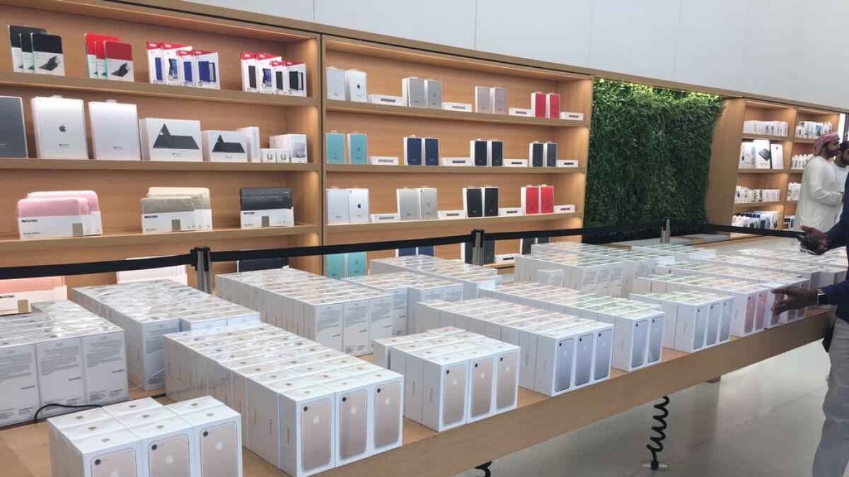 Hot-off-the-grill iPhone 7 and 7 Plus units awaiting their new owners at the Apple Store in Dubai's Mall of the Emirates.