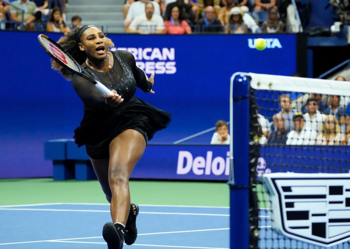 Serena Williams of the US hits a return to Danka Kovinic of Montenegro during their US Open first round match on Tuesday. (Reuters)