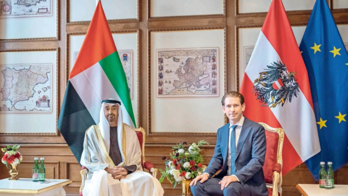 Sheikh Mohamed bin Zayed Al Nahyan and Sebastian Kurz in Vienna. — Wam