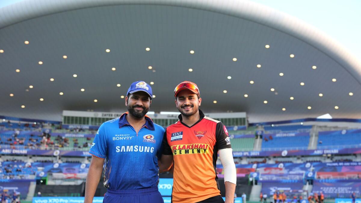 Mumbai Indians captain Rohit Sharma with Manish Pandey of Sunrisers Hyderabad during their IPL match at the Sheikh Zayed Stadium in Abu Dhabi. (BCCI)