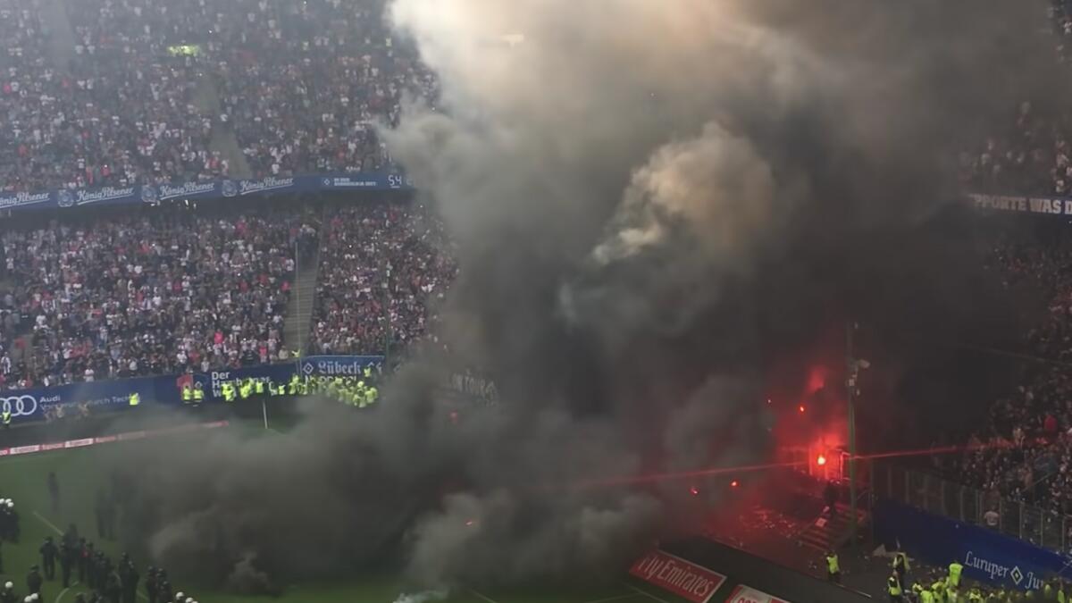 A screengrab from the video shared on YouTube in 2018 after a fire at a stadium in Germany.